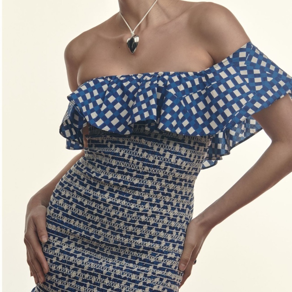 NWT Anthropology Corey Lynn Calter Off-The-Shoulder Smocked Mini Dress 🧺🫐 - Picture 3 of 8
